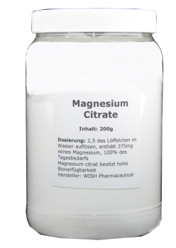 Magnesium citrate - sehr hohe Aufnahme, für starke Nerven, guten Stoffwechsel, beim Abnehmen, gegen Schmerzen, Gefäßablagerungen, hohen Blutdruck, Haarausfall, Hämorrhoiden, Nierensteine, 200g Pulver